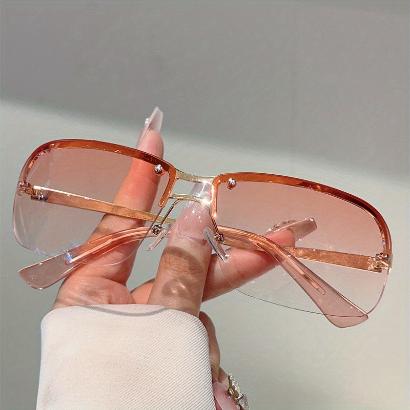 Double Beam Y2K Frameless Square Fashion Glasses - Golden-Brown Gradient Lens, Modern Minimalist Avant-Garde Eyewear for Women & Men, Everyday & Formal Events - Lightweight Futuristic Design