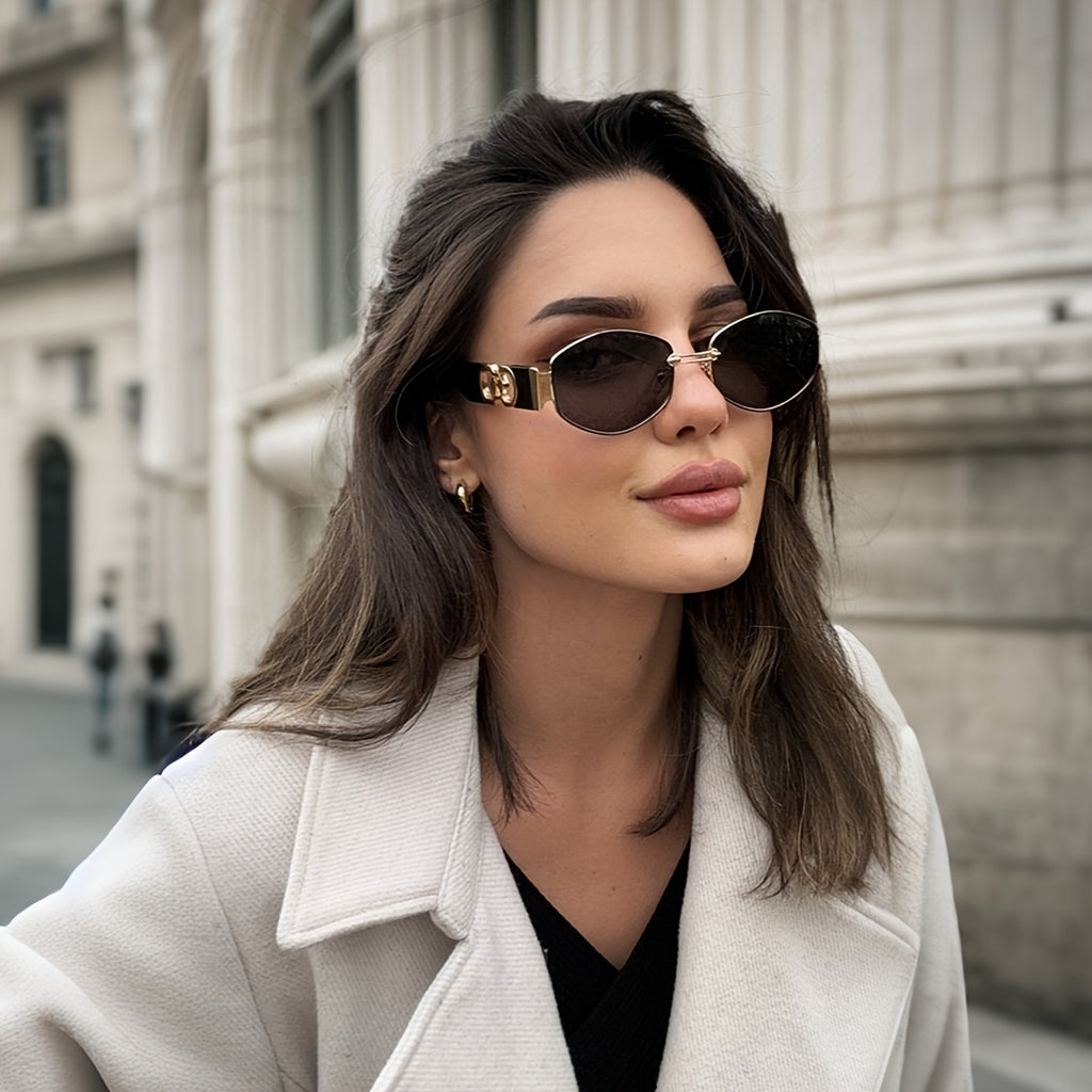 Vintage Oval Narrow Frame Sunglasses for Women and Men, Hexagonal Golden Metal Sunglasses with UV Protection